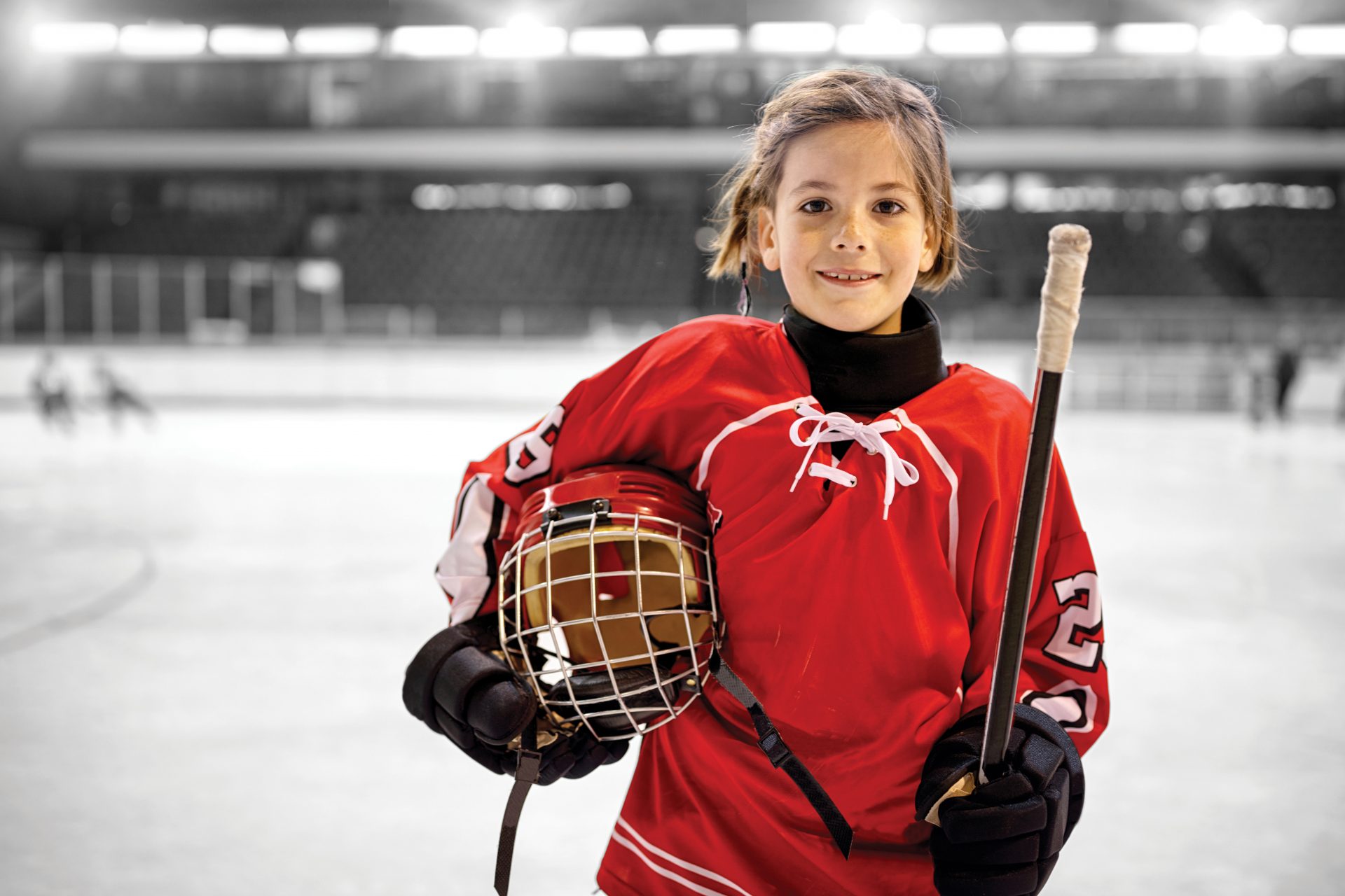 Youth girl hockey players in ice