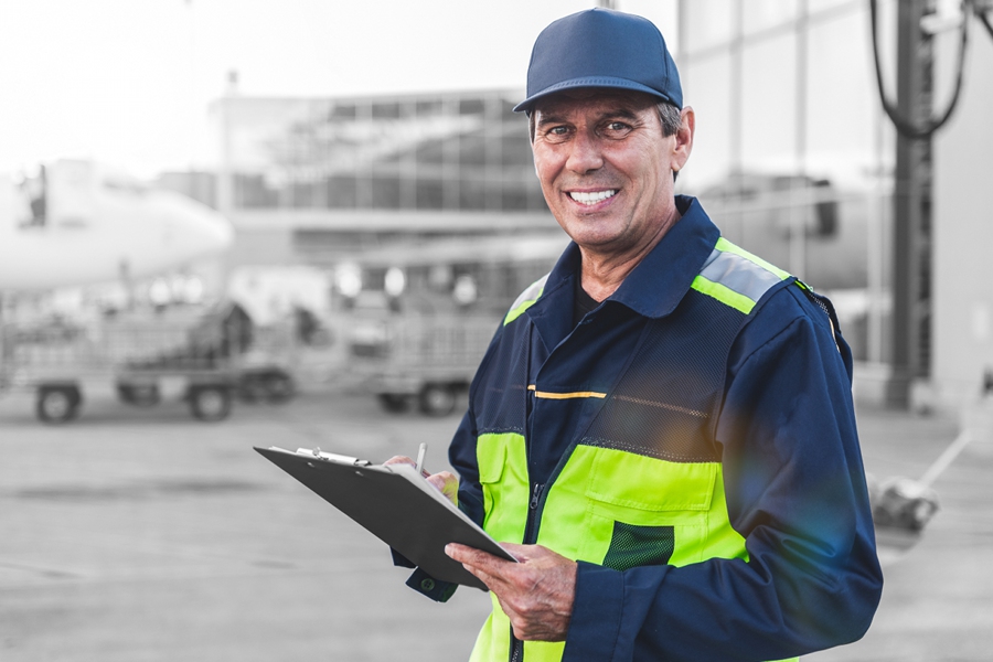 Airport worker in front of an airplane and some airport vehicles